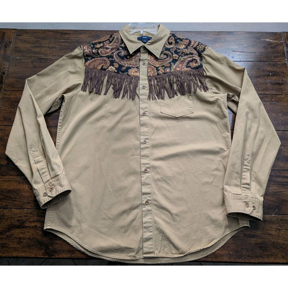 VTG Y2K GAP Western Shirt L Fringe Paisley Cottagecore Boho Grunge Khaki Tan